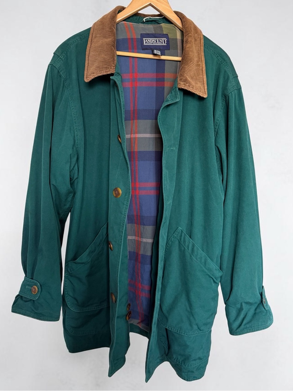 Lands’ End Vintage Barn Coat Plaid Lined Corduroy Collar Men’s XL